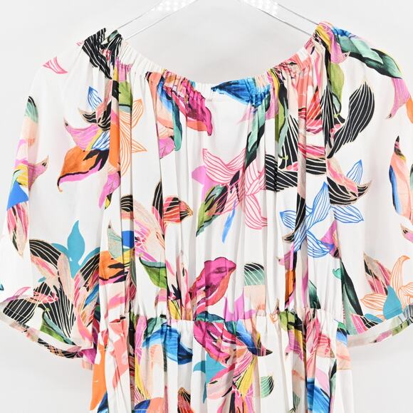 LA BLANCA Dress Size L Paradise Floral ALine Mini White Multi Off Shoulder - Picture 12 of 13